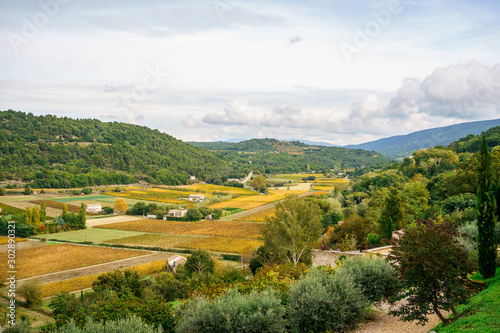 Obraz na płótnie Vue panoramique sur la vallée de Luberon, en automne. Les vignes colorés, les collines. Provence, France, Ménerbes. w salonie