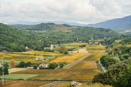 Obraz na płótnie Vue panoramique sur la vallée de Luberon, en automne. Les vignes colorés, les collines. Provence, France, Ménerbes. w salonie