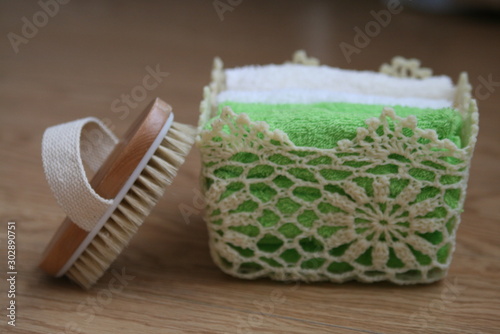 bath accessories, brush and towel set