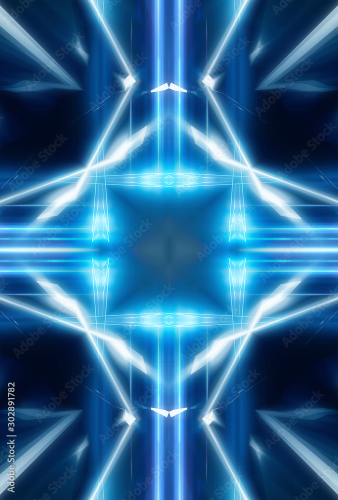 Abstract blue dark background. Dark night scene with neon lines and rays. Dark light corridor. Symmetrical reflection, neon.