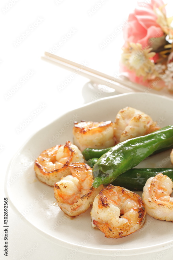 Chinese food, Shishido green pepper and prawn stir fried Chinese food, Shishido green pepper and prawn stir fried