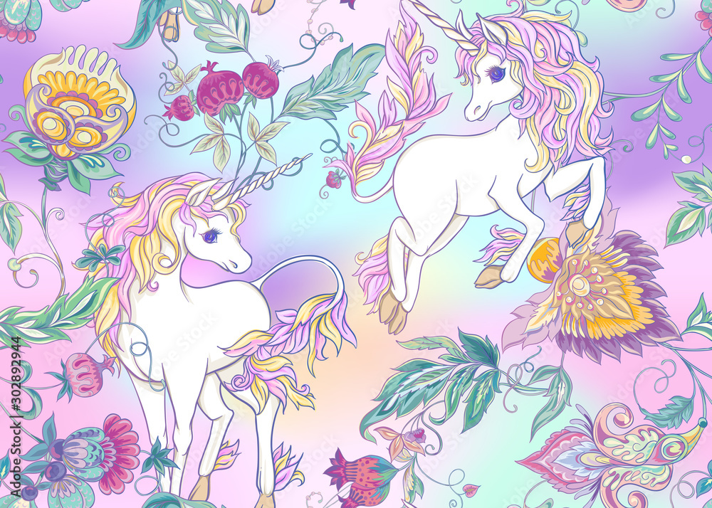 Seamless pattern with stylized ornamental flowers in retro, vintage style with unicorns. Jacobin embroidery. Colored vector illustration In pink, blue, ultraviolet colors on mesh background