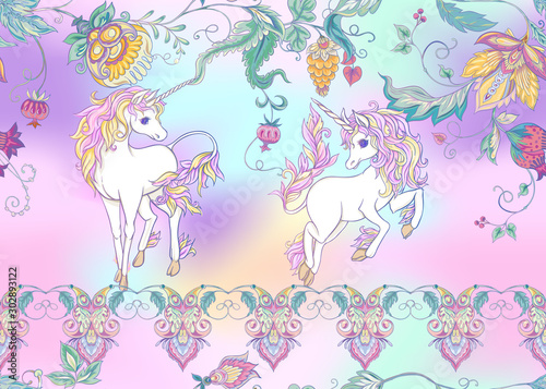 Seamless pattern with stylized ornamental flowers in retro, vintage style with unicorns. Jacobin embroidery. Colored vector illustration In pink, blue, ultraviolet colors on mesh background