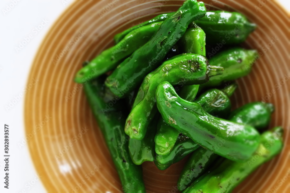 Japanese food, Shishido green pepper stir fried for vegetarian food image Japanese food, Shishido green pepper stir fried for vegetarian food image