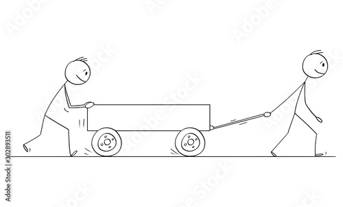 Vector cartoon stick figure drawing conceptual illustration of two men or businessmen pushing empty cart or handcart or pushcart.