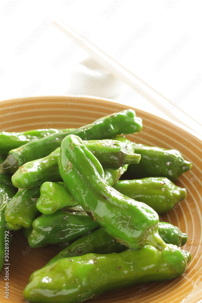 Japanese food, Shishido green pepper stir fried for vegetarian food image Japanese food, Shishido green pepper stir fried for vegetarian food image