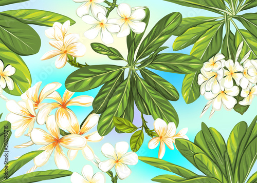 Seamless pattern, background with tropical plants, flowers. Colored vector illustration. In light ultra violet pastel colors on mesh pink, blue background