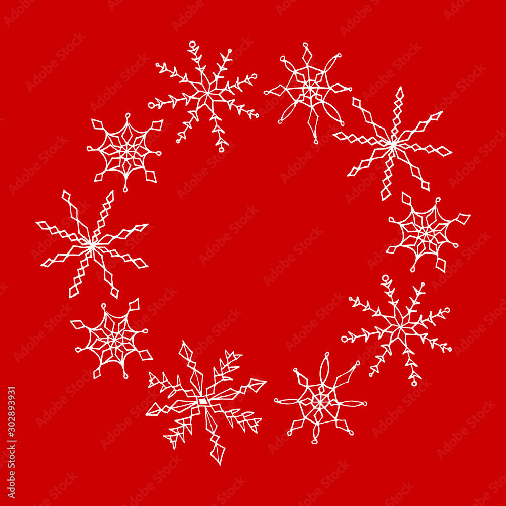 Xmas and new year simple wreath of snowflakes. For greeting card: Merry Christmas. Background for winter holidays. Doodle cartoon illustration. Xmas and new year simple wreath of snowflakes. For greeting card: Merry Christmas. Background for winter holidays. Doodle cartoon illustration.