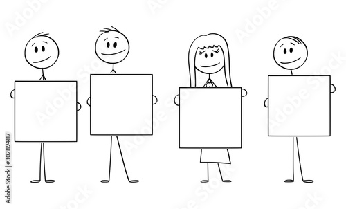 Vector cartoon stick figure drawing conceptual illustration of four people or businesspeople of businessmen and businesswoman holding empty signs.