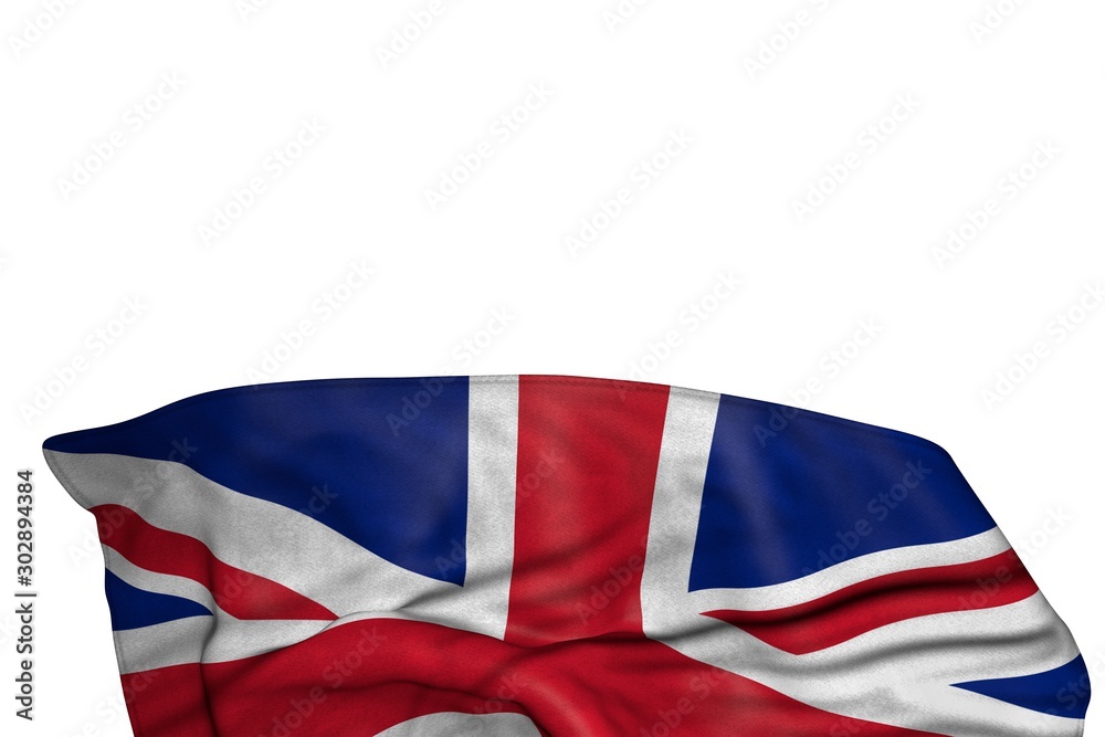 beautiful United Kingdom (UK) flag with large folds lie in the bottom isolated on white - any feast flag 3d illustration.. beautiful United Kingdom (UK) flag with large folds lie in the bottom isolated on white - any feast flag 3d illustration..