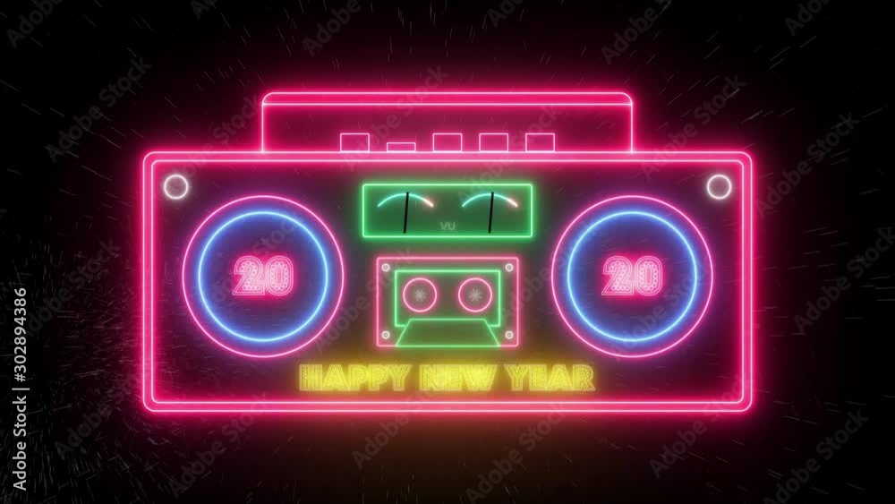 Happy New Year 2020. Stereo retro neon radio, animated on a black fireworks background.