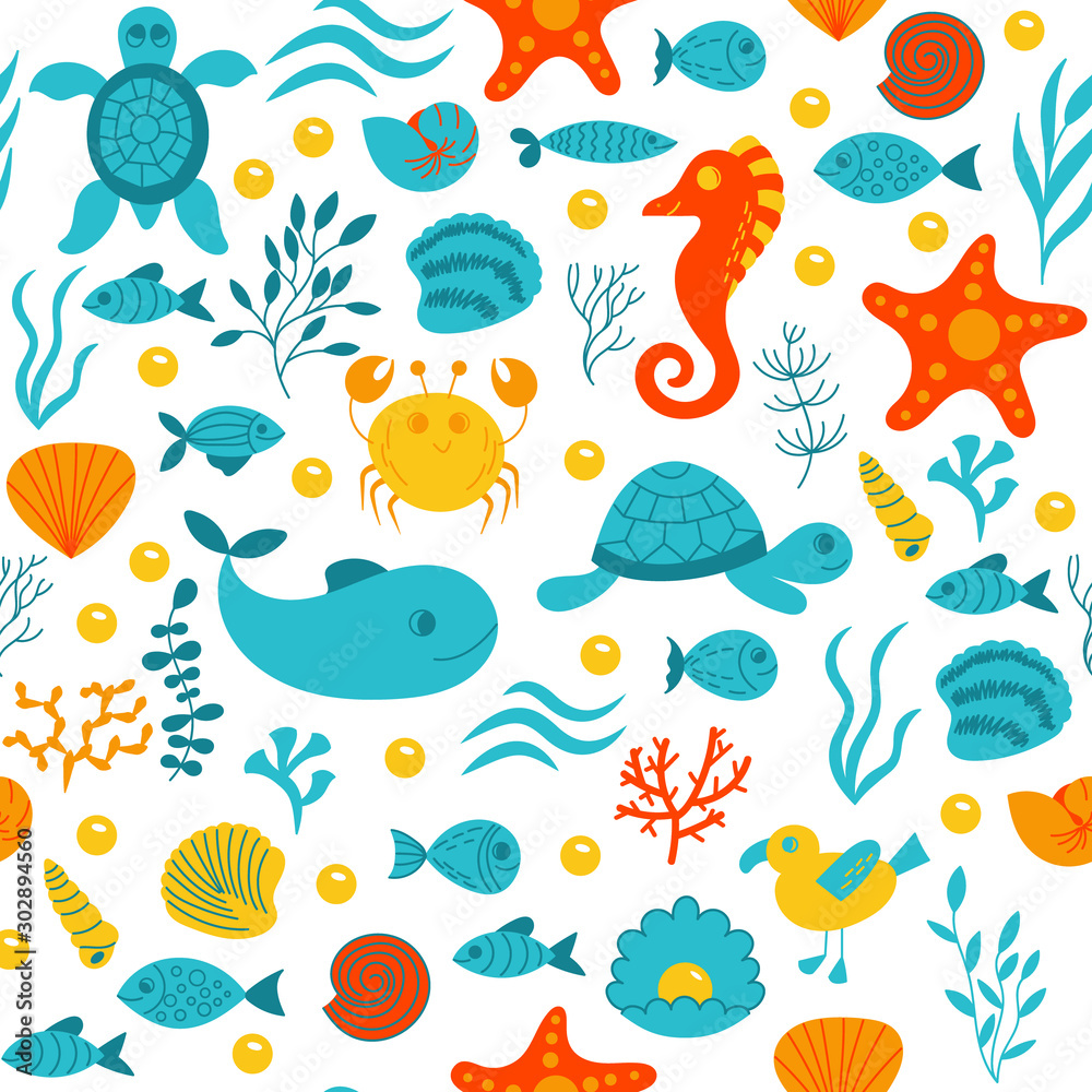 Seamless cute underwater pattern on white background. sea vector animals. It can be used for backgrounds, surface textures, wallpapers, print fills. kids fashion. flat design