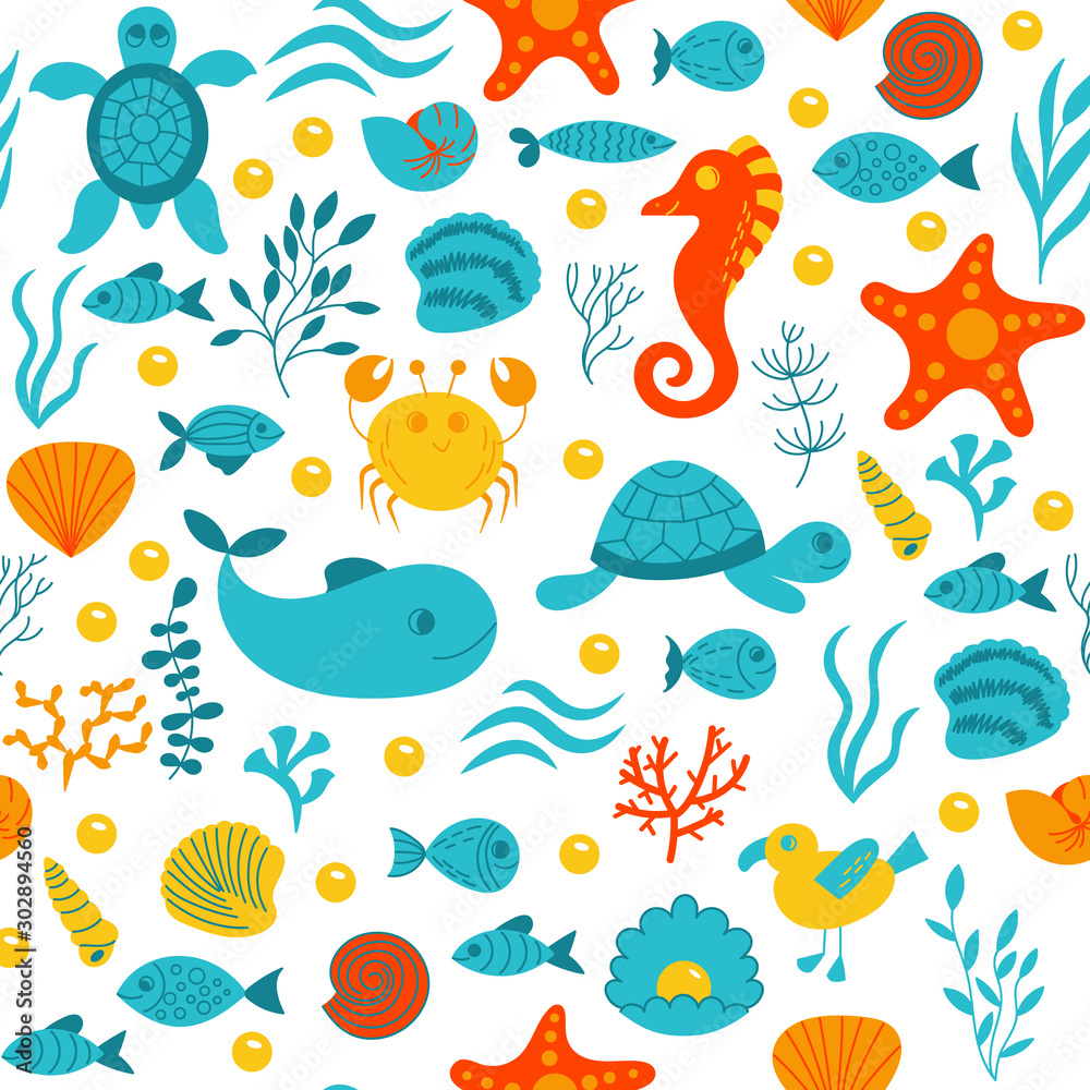 Fototapeta premium Seamless cute underwater pattern on white background. sea vector animals. It can be used for backgrounds, surface textures, wallpapers, print fills. kids fashion. flat design