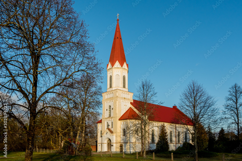 View to church with red roof.
