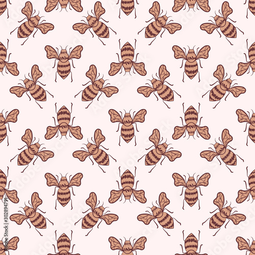 Vector seamless pattern with hand drawn honey bees. ink drawing © argunika