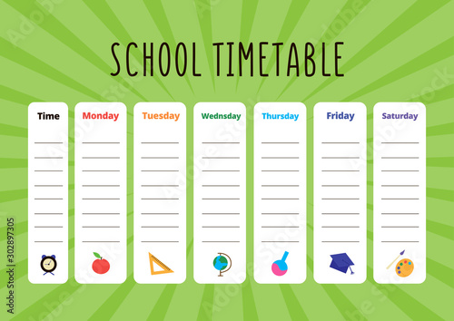 School timetable with place for text. Vector everyday planner with green glowing backgrounds. Educational organizer with different school objects. A4 scaled standard size