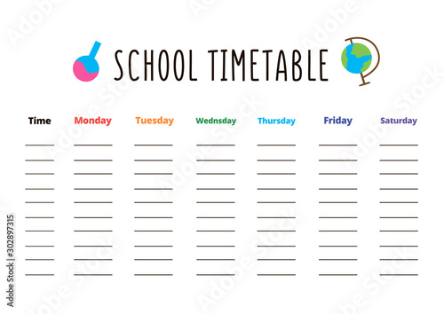 School timetable template with place for text. Vector everyday planner with white background. A4 scaled standard size