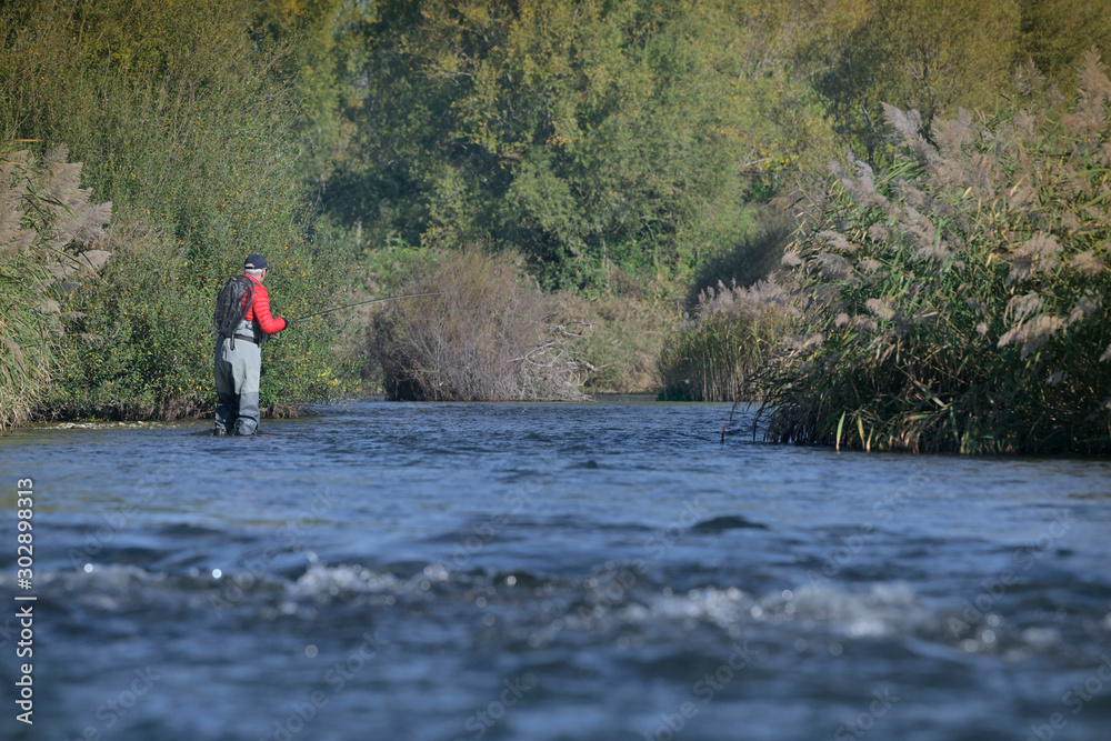 fly fisherman in autumn and fast river fly fisherman in autumn and fast river