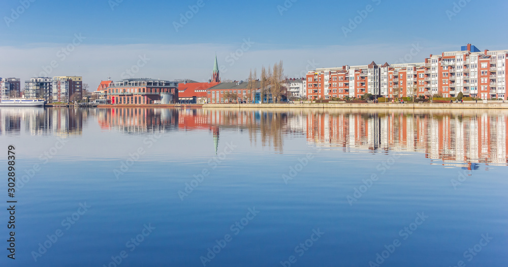 Panorama of apartment buildings at the Ems-Jade-Kanal in Wilhelmshaven, Germany