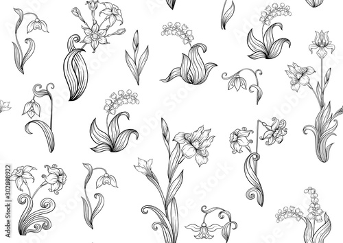 Spring flowers. Narcissus, Iris flower, lily of the valley, may-lily, Seamless pattern, background. Outline hand drawing vector illustration. In art nouveau style, vintage, old, retro style