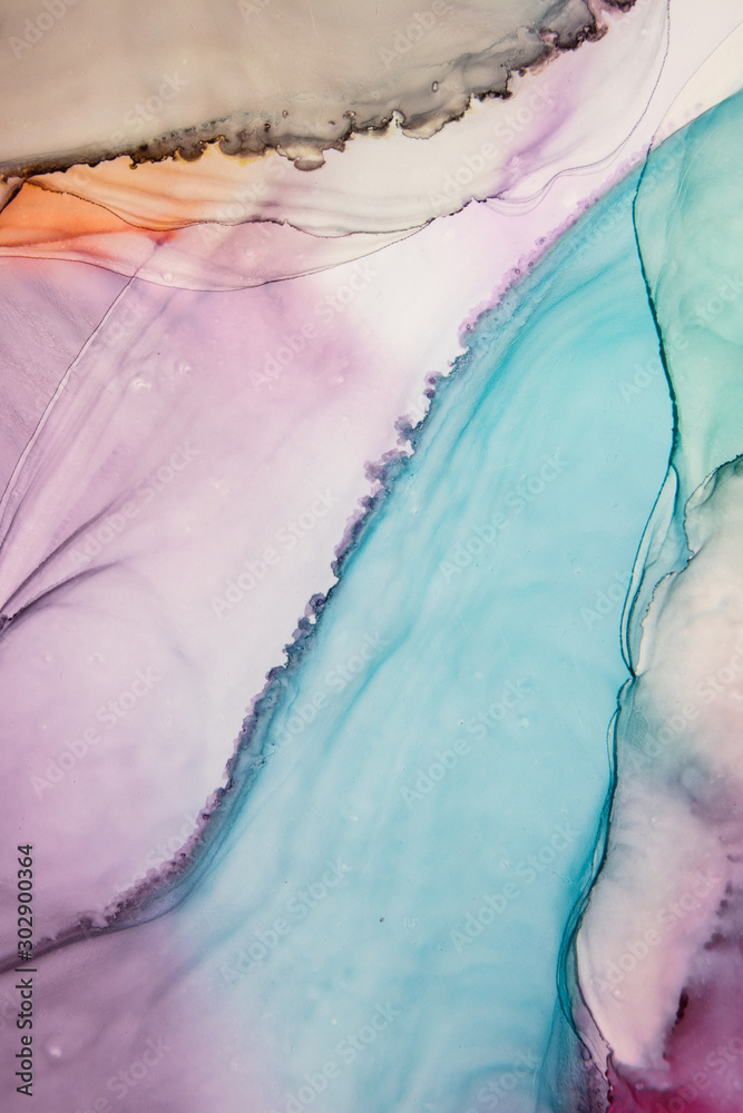 Alcohol ink sea texture. Contemporary art. Abstract art background. Multicolored bright texture. Fragment of artwork. Modern art. Inspired by the sky, as well as steam and smoke. Trendy wallpaper.