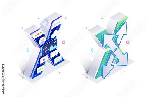 Blue 3d isometric letter X made with virtual internet style