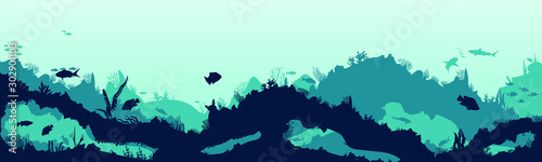 Silhouette of fish and algae on the background of reefs. Underwater ocean scene. Deep blue water, coral reef and underwater plants. a beautiful underwater scene; a vector seascape with reef.