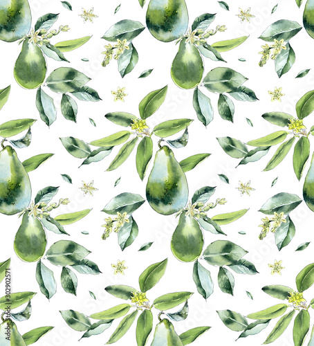 Avocado. Seamless pattern. Watercolor hand drawing illustration