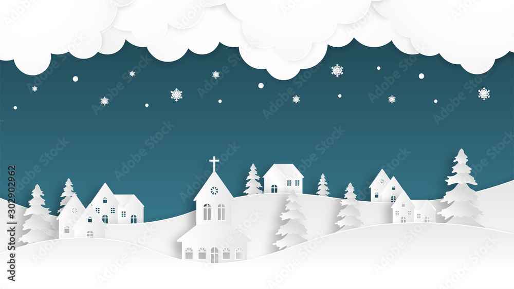 Plakat Landscape winter season with urban countryside, crunch, house, pine tree and falling snow background in paper cut style.