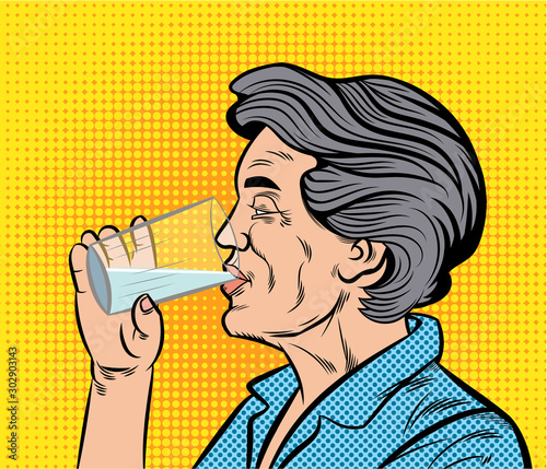 Old women drink water from glass. Pop art retro vector illustration vintage kitsch