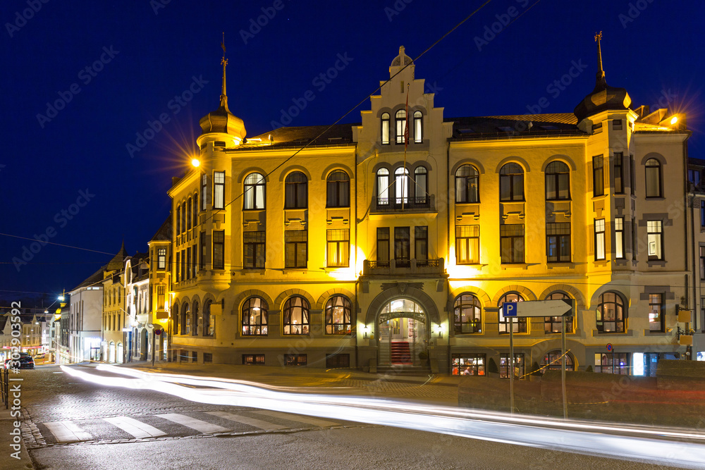 Architecture of the Alesund city at night, Norway