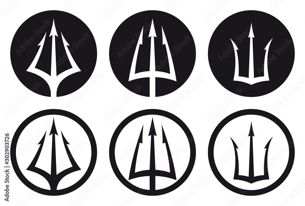 Vector black logo set of trident in circle Triton, Neptune, Poseidon ...