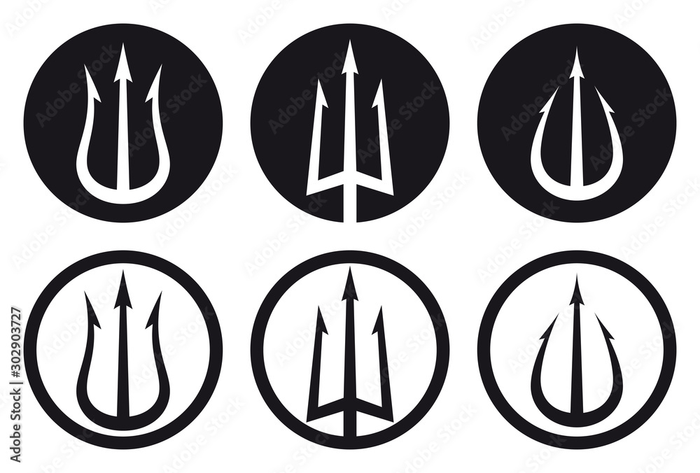 Vector black logo set of trident in circle Triton, Neptune, Poseidon ...