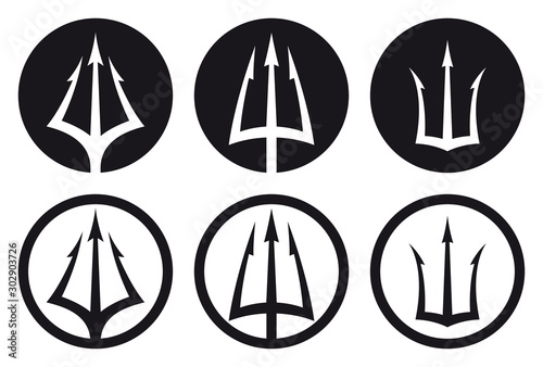 Vector black logo set of trident in circle Triton, Neptune, Poseidon. Isolated on white background.