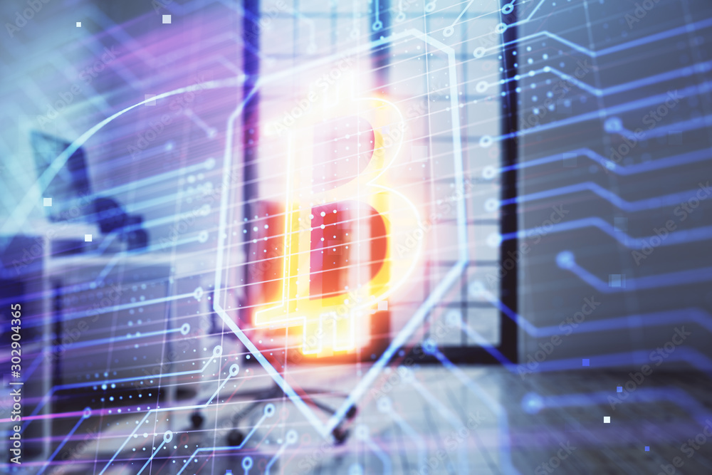 Bitcoin sign hologram with minimalistic cabinet background. Double exposure. Cryptocurrency concept. Bitcoin sign hologram with minimalistic cabinet background. Double exposure. Cryptocurrency concept.