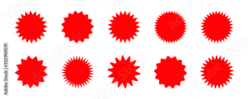 Set of vector red starburst, sunburst badges. Red icons on white background. Simple flat style vintage labels, stickers. 