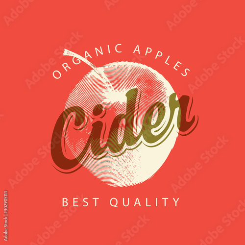 Vector label for Apple cider with a realistic image of an apple and calligraphic inscription on a red background in retro style