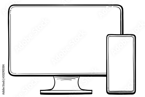 Computer Monitor, Mobile Phone Hand Drawn Vector Icon 