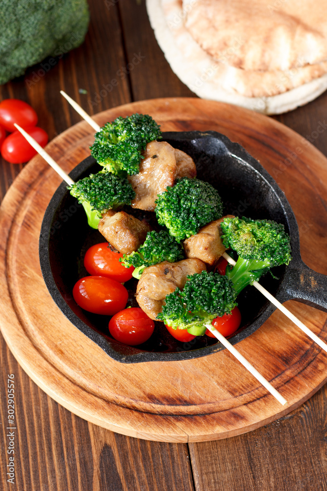 Vegetarian kebabs with seitan and broccoli on a skewers. Vegetarian kebabs with seitan and broccoli on a skewers.