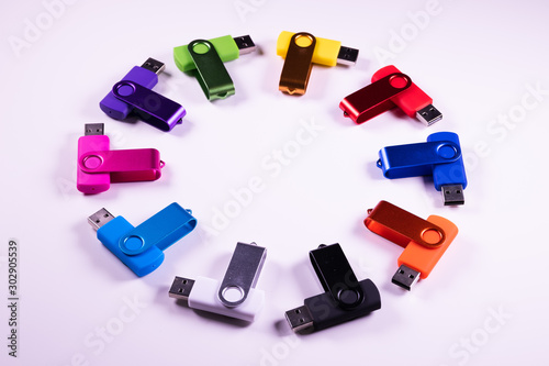 set of colourful usb flash drives isolated on white background