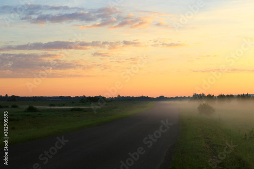 fog in the field at sunrise
