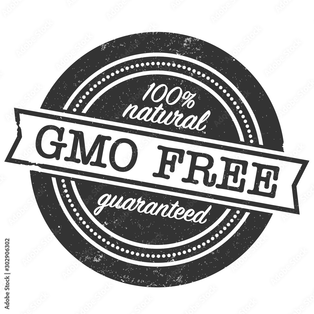 GMO free guaranteed 100 percent natural label or rubber stamp print vector illustration