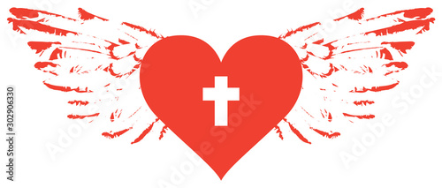 The sign of the white christian cross inside the red heart with wings. Love of God, religious symbol. Creative vector illustration.