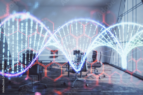 Double exposure of DNA hologram on conference room background. Concept of education
