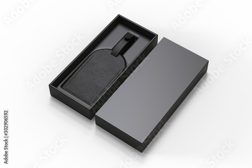 Leather Personal Blank Luggage Tag Gift Box for Promotional Branding, 3d render illustration.