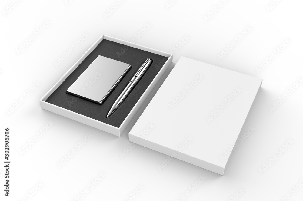 Vising card holder and pen gift set box, 3d render illustration. Vising card holder and pen gift set box, 3d render illustration.