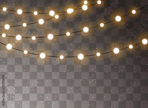 Christmas lights isolated realistic design elements. Glowing lights for Xmas Holiday cards, banners, posters, web design. Garlands decorations. Vector illustration.