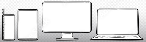 Laptop, Computer Monitor, Tablet PC and Mobile Phone Hand Drawn Vector Icon Set