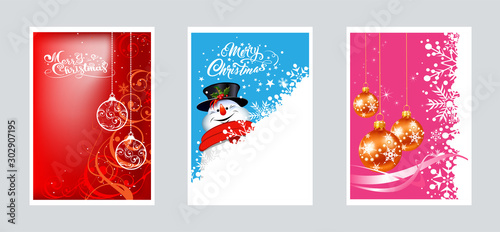 Vector Christmas cards for your design. Three images with Christmas balls and snowman for Christmas and New year decoration. Graphics design.