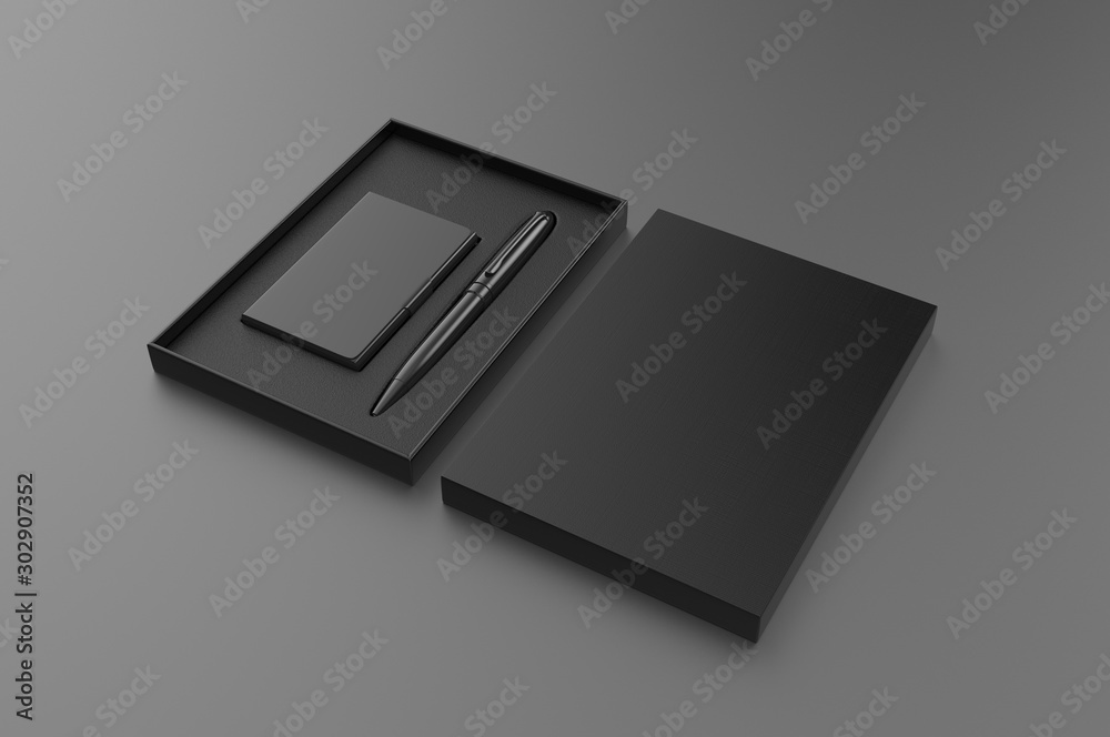 Vising card holder and pen gift set box, 3d render illustration. Vising card holder and pen gift set box, 3d render illustration.